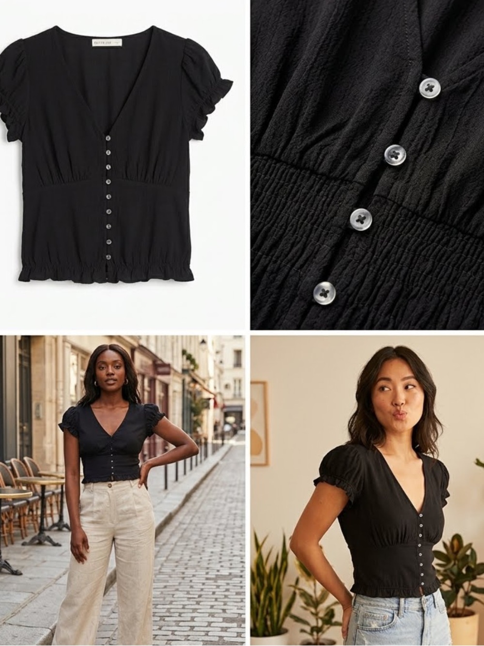 ACTIVE USA Women’s Black V-Neck Button-Front Puff Sleeve Ruffle Cropped Top